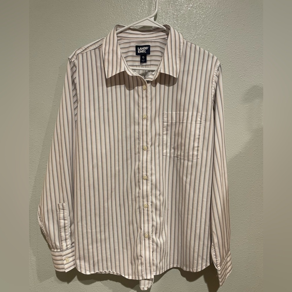 Lands' End Women’s Casual Striped Shirt - White, Gray and Pink